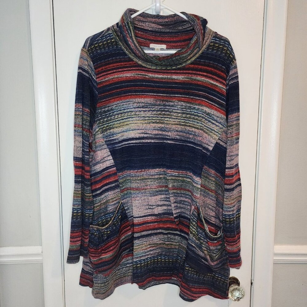 Erin London Women's XL Stripe Top Blue Red Multicolor Tunic Pockets